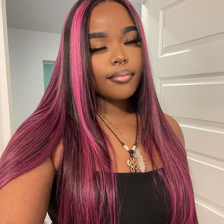 Megalook Bogo Free Transparent 13x4 Lace Front Wig Black Hair With Purple Highlights Straight Human Hair Wigs