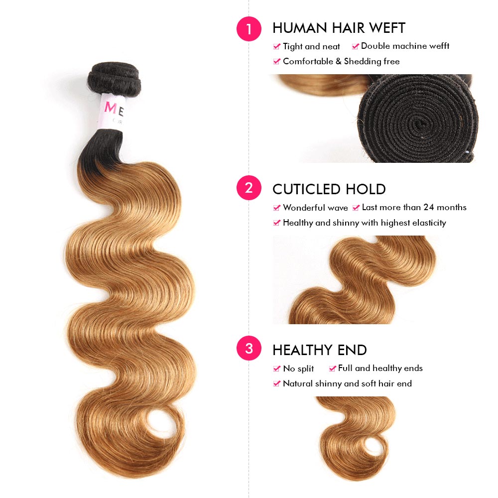 Megalook Brazilian Virgin Hair Ombre Color Honey 1B/27 Body Bundles 100% Human Hair Extensions