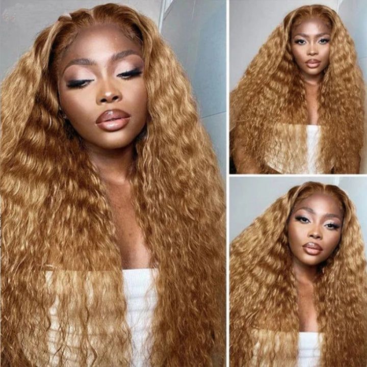 Megalook Bogo Free Super Deal Honey Blonde #27 Colored Transparent 4X4 Lace Closure Human Hair Wigs Water Wave Wigs For Women