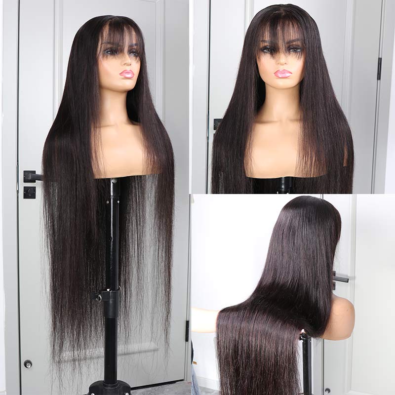 34-40inch 210% Density Long Lace frontal Wigs With Bangs Natural Color Human Hair Wigs