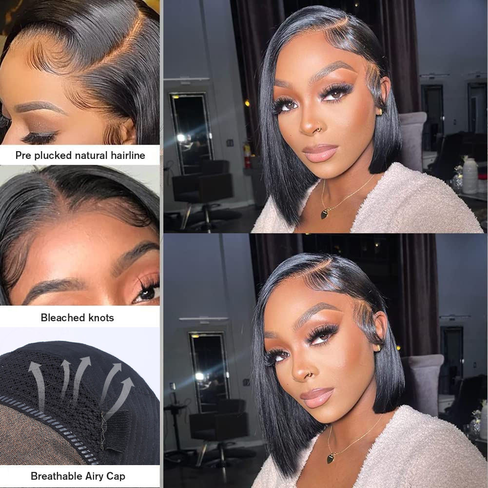 (Super Sale) Upgrade 13x4 Lace Frontal Bob Wigs With Bleached Knots Halo Braided Straight Human Hair