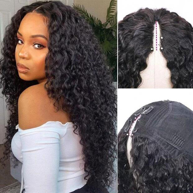 Megalook Glueless V Part 0 Skill Needed Wig Thin Part Remy Hair Water Wave Wigs Upgrade U part Wig Without Leave out