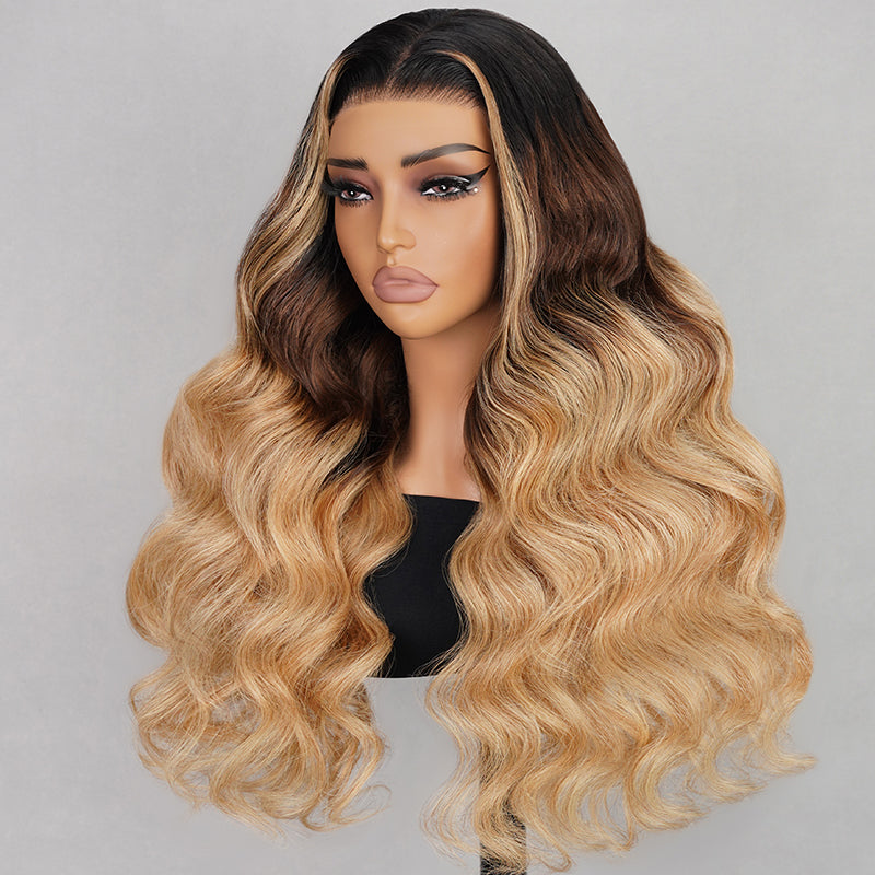 (Super Sale)Megalook Honey Blonde Money Piece Highlights Brown Ombre Glueless 6X5 Glueless Lace Wig Loose Body Wave Human Hair Wigs