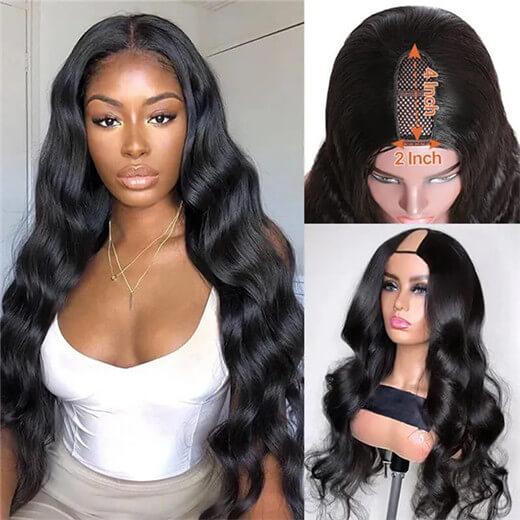 Megalook Affordable Wig Natural Black Body Wave/Deep Wave 2x4 U Part Wig