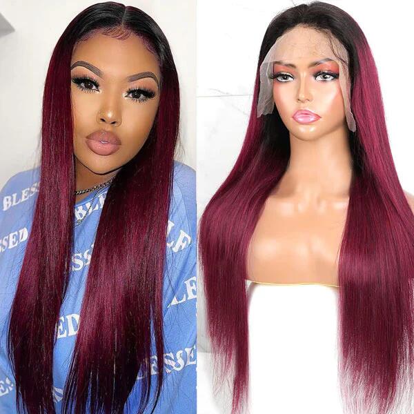 Megalook Bogo Free Transparent Straight/Body Wave Human Hair Wig Ombre Color Burgundy 1B99J Wig 180% Density