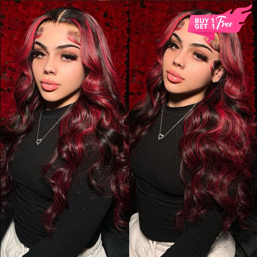 Special offer | 24inch = $145.99 New Dark Burgundy With Rose Red Highlights 13x4 Lace Front Hand Curls Wig