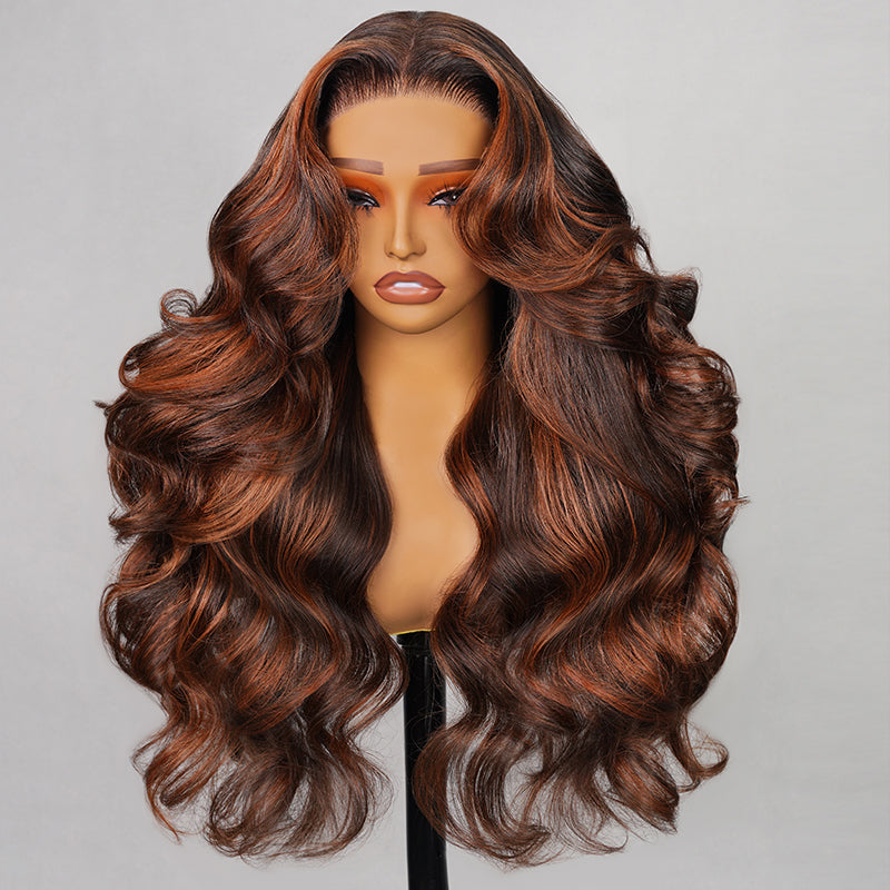 Megalook 6x5 Pre-Cut Mixed Color Highlights Ombre Copper Red Loose Body Wave Glueless Lace Human Hair Wig(No Code Needed)