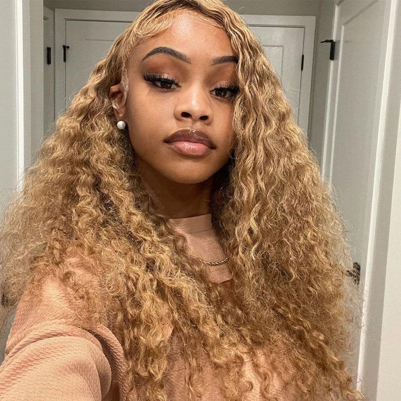 Megalook Bogo Free Super Deal Honey Blonde #27 Colored Transparent 4X4 Lace Closure Human Hair Wigs Water Wave Wigs For Women