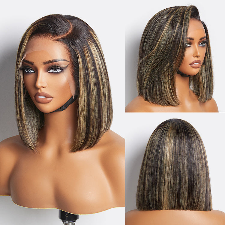 (Super Deal)12'' Balayage Colored Short Cut Bob Highlight 13x4 Lace Fontal Glueless Straight Wig