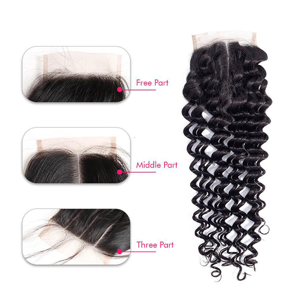 Megalook Deep Wave Hair 4 Bundles With 4x4 Transparent Lace Closure 12A Virgin Brazilian Hair