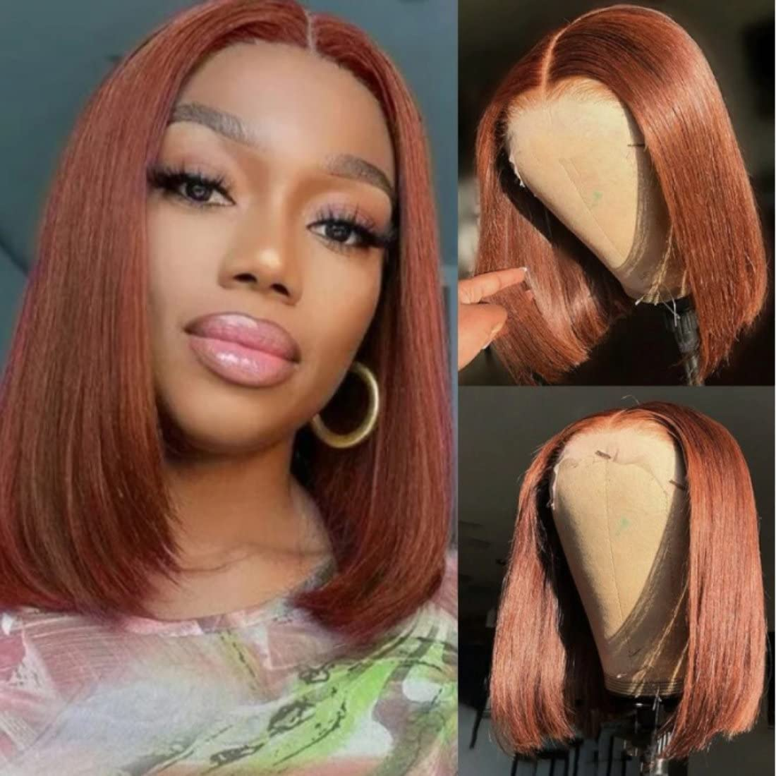 New Pop #33 Reddish Brown Short Cut 5X5 13x4 Transparent HD Lace Blunt Cut Bob Straight Closure Wigs