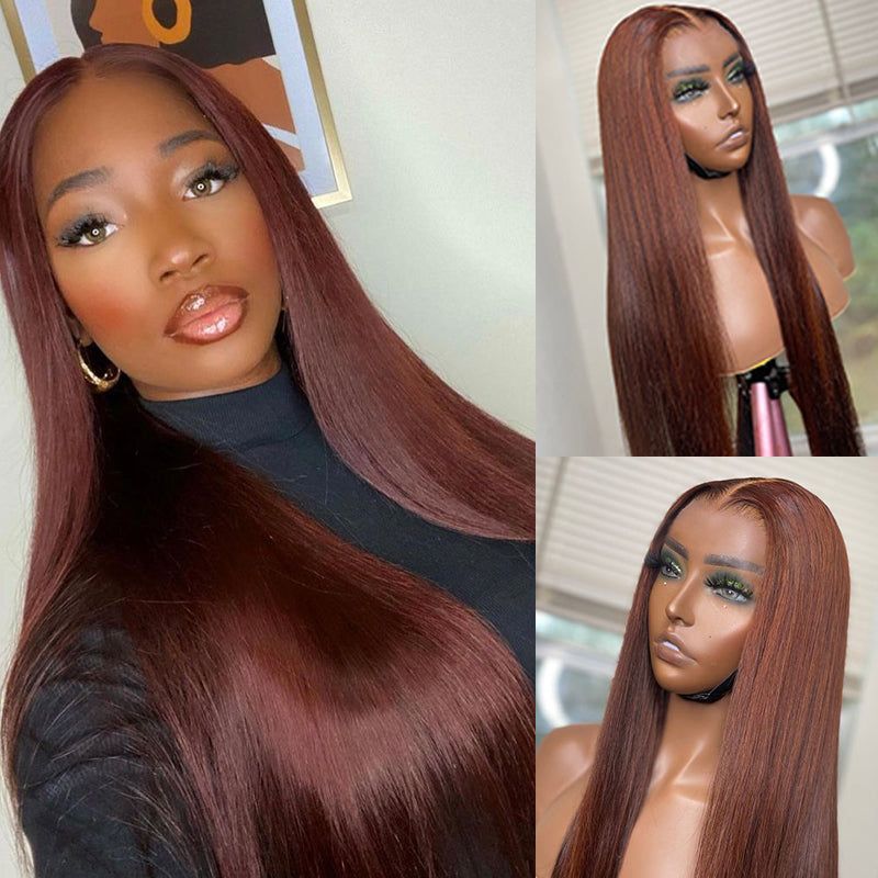 New #33 Red Brown Auburn Color Straight Human Hair Wig HD Lace 4X4/13X4 Lace Frontal Wigs