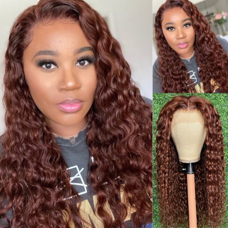 New #33 Red Brown Auburn Water Wave Human Hair Wig Hair Perfect Hair Color For Dark Skins 13x4 HD Lace Front Colored Wigs