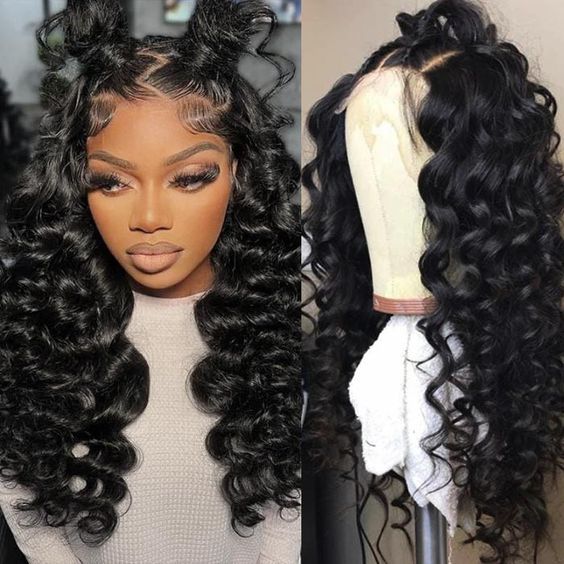 13x4 Lace Frontal Wig Side Part Honey Brown Blonde Highlight Hair / Natural Black Bouncy Curly Loose Body Wave