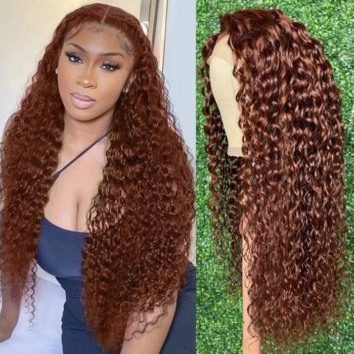 New #33 Red Brown Auburn Water Wave Human Hair Wig Hair Perfect Hair Color For Dark Skins 13x4 HD Lace Front Colored Wigs