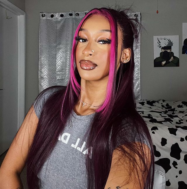 Megalook Bogo Free 13x4 Lace Front Side Part Highlight Money Piece Pink Purple Human Hair Wig HD Transparent Lace Straight Wig