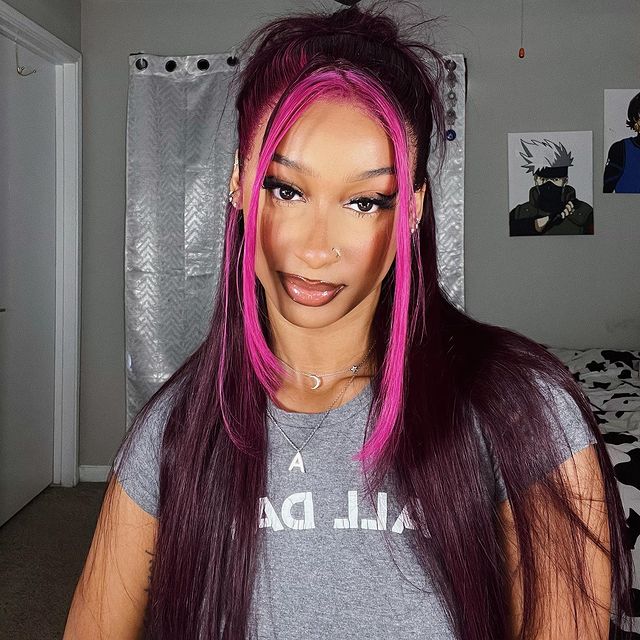 Megalook Bogo Free 13x4 Lace Front Side Part Highlight Money Piece Pink Purple Human Hair Wig HD Transparent Lace Straight Wig