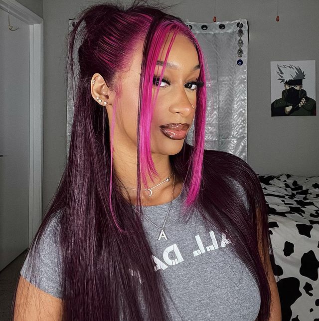 Megalook Bogo Free 13x4 Lace Front Side Part Highlight Money Piece Pink Purple Human Hair Wig HD Transparent Lace Straight Wig