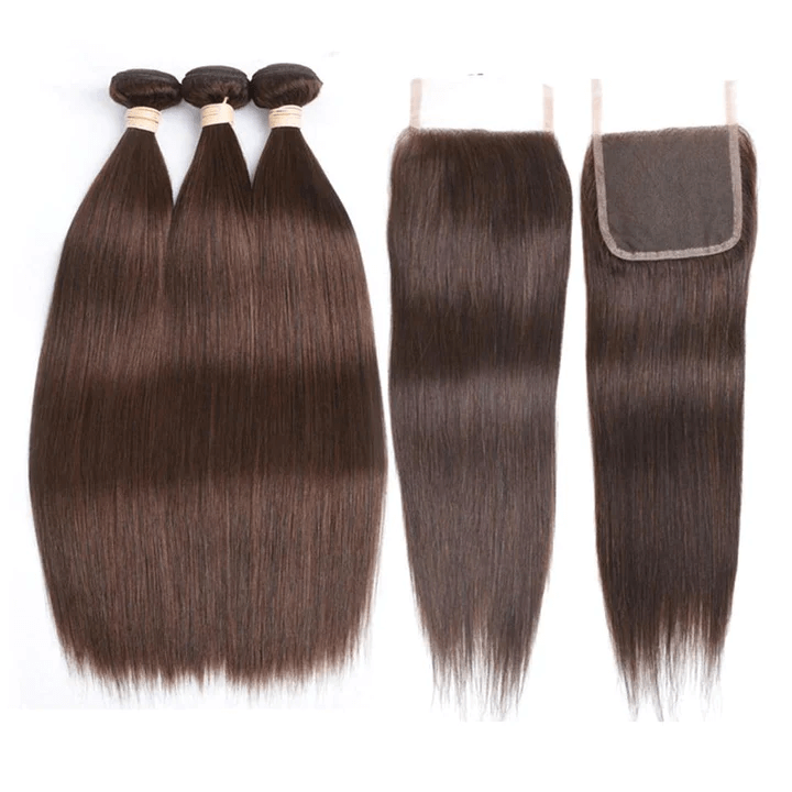 Megalook Dark Brown #4 Color 12A 3Bundles With Free Part 4x4 Human Hair Lace Closure Free Shipping