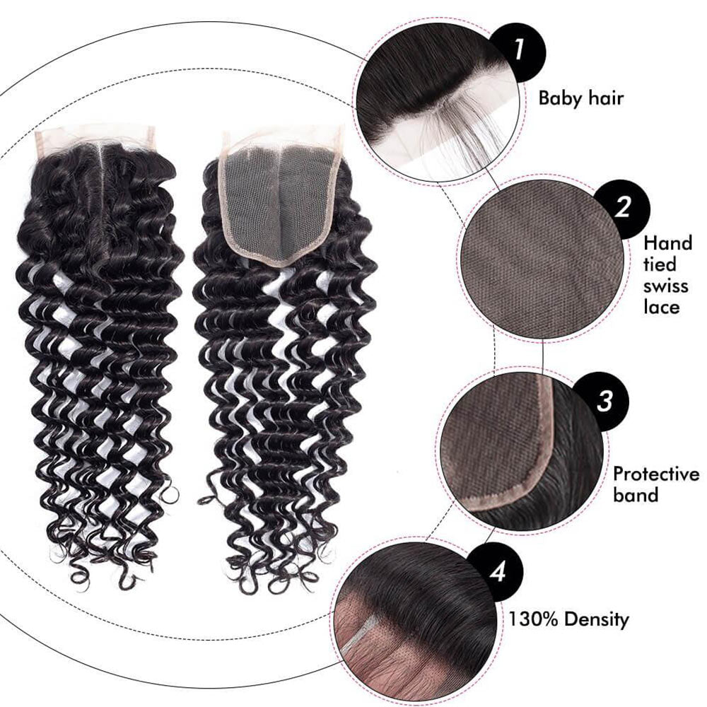 Megalook Deep Wave Hair 4 Bundles With 4x4 Transparent Lace Closure 12A Virgin Brazilian Hair