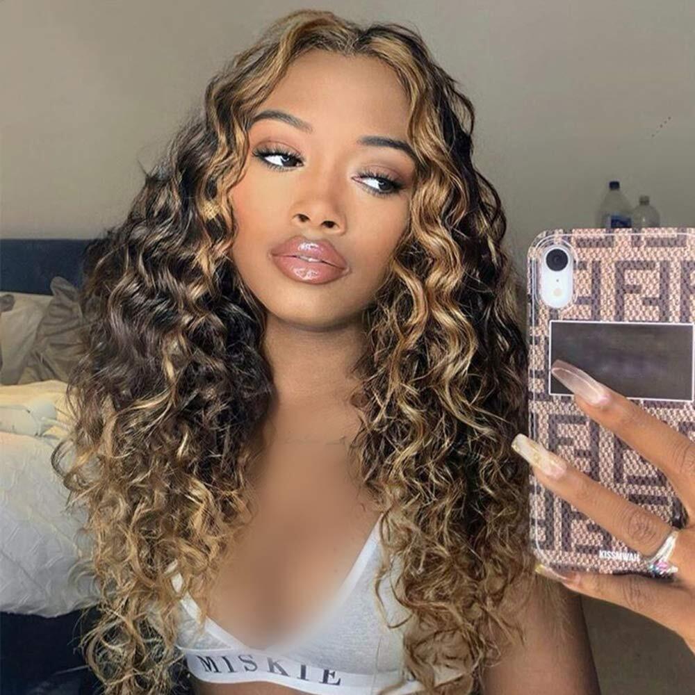 Deep Curly Balayage Highlight Honey Blonde Human Hair Wigs 13x4 Hd Transparent Lace Front Wigs