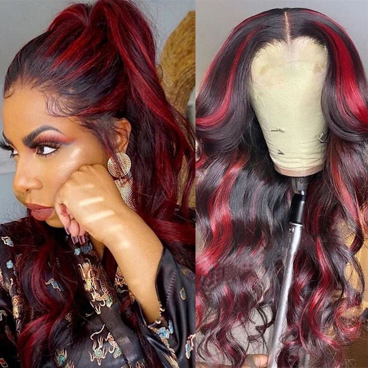 New Dark Burgundy With Rose Red Highlights 13x4 Lace Front Hand Curls Wig