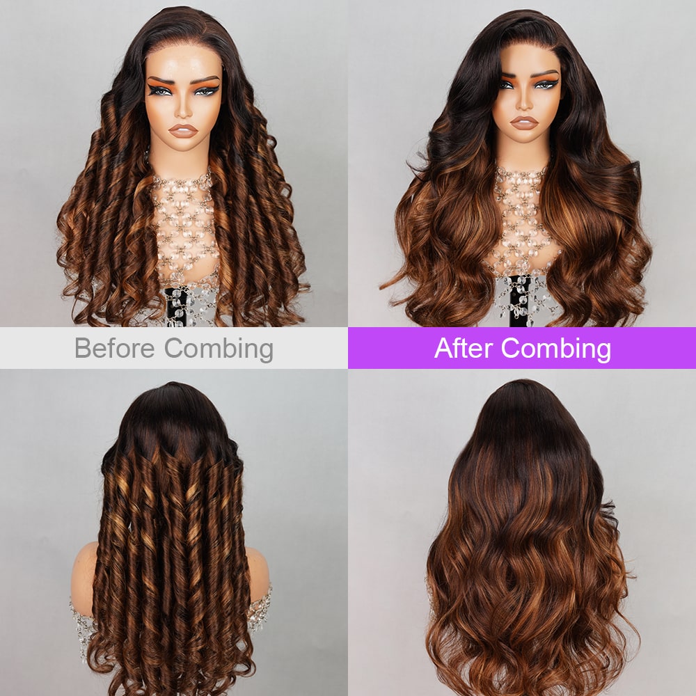 Megalook 6x5 Wear Go Layered Wavy Black Hair with Chestnut Brown Ombre 3D Dome Mini Knots Glueless Wigs