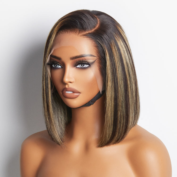 (Super Deal)12'' Balayage Colored Short Cut Bob Highlight 13x4 Lace Fontal Glueless Straight Wig