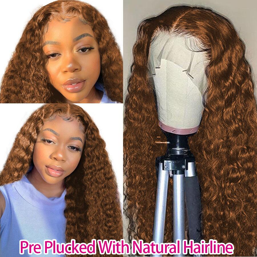 Megalook #4 Chestnut Brown Color Water Wave Human Hair Wigs Transparent Lace Front Wig