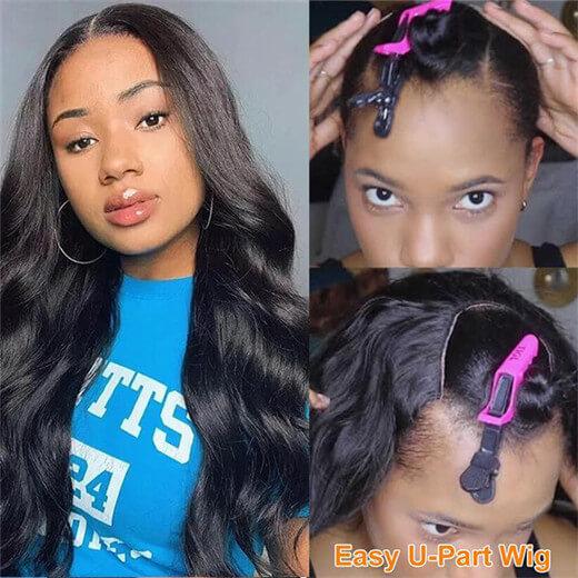 Megalook Affordable Wig Natural Black Body Wave/Deep Wave 2x4 U Part Wig