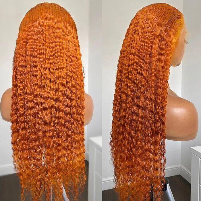 Megalook Ginger Orange Color Deep Curly / Water Wave Lace Frontal Wig 13x4 HD Transparent Lace Wigs