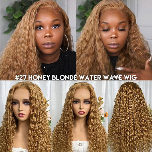 $100 OFF Code: MS100 | Honey Blonde #27 Colored Transparent 4X4 Lace Closure Human Hair Wigs Water Wave Wigs For Women