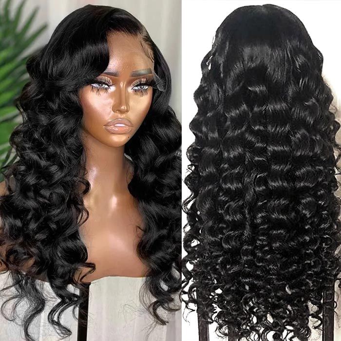 13x4 Lace Frontal Wig Side Part Honey Brown Blonde Highlight Hair / Natural Black Bouncy Curly Loose Body Wave