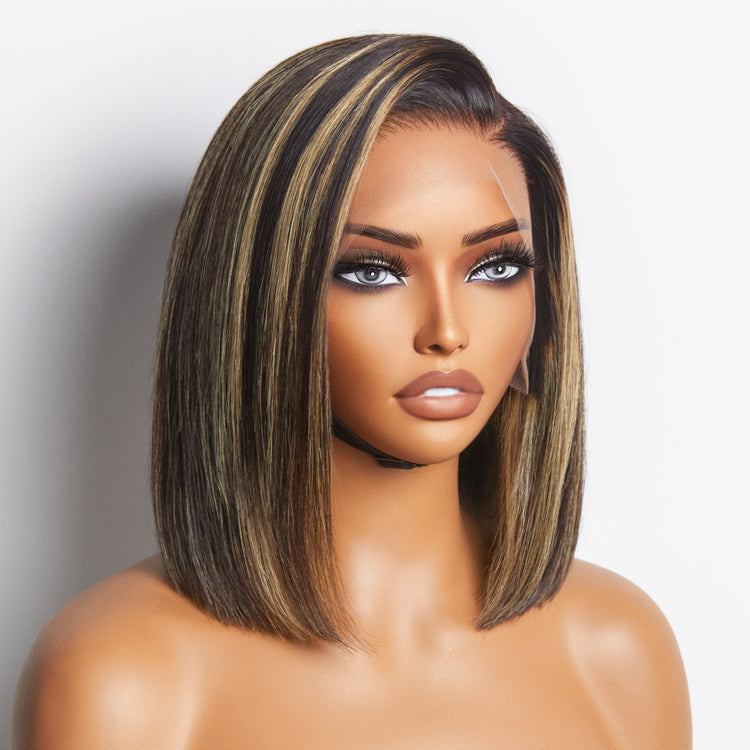 (Super Deal)12'' Balayage Colored Short Cut Bob Highlight 13x4 Lace Fontal Glueless Straight Wig