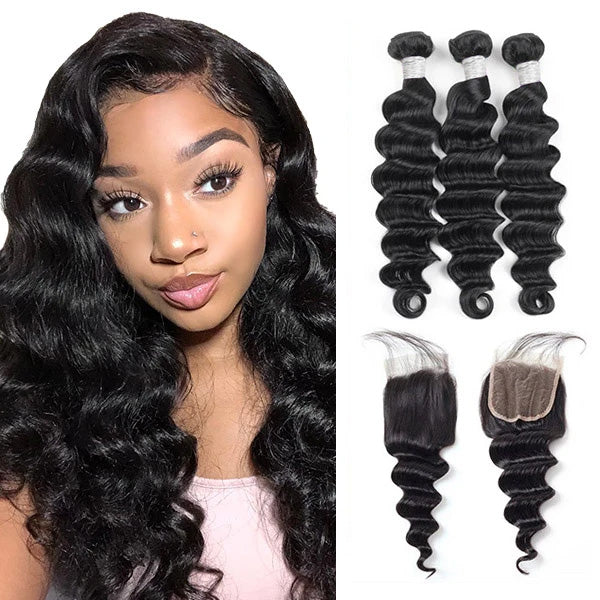 Brazilian Loose Deep Wave /Deep Curly Remy Human Hair 3Bundles Hair With Free Part Transparent Lace Closure