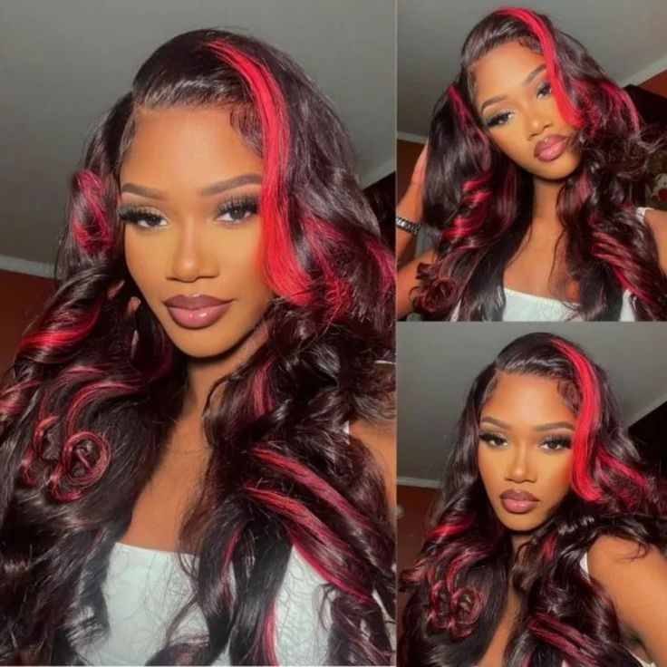 New Dark Burgundy With Rose Red Highlights 13x4 Lace Front Hand Curls Wig