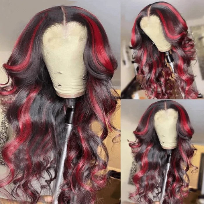 New Dark Burgundy With Rose Red Highlights 13x4 Lace Front Hand Curls Wig