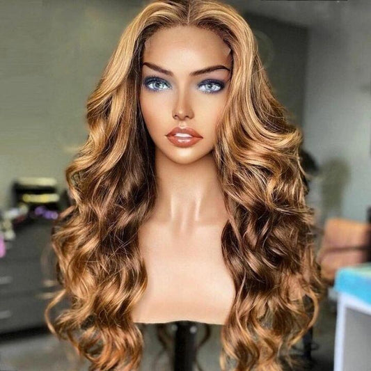 Megalook Special Offer Highlight Brown Bouncy Wand Curls Body Wave Piano Color 13x4 Hd Lace Front Wigs