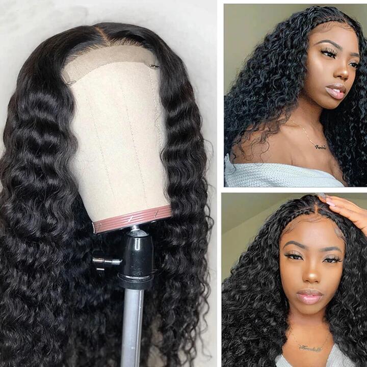 Clearance Brazilian Deep Wave / Water Wave 4x4 Lace Closure Wig Natural Black