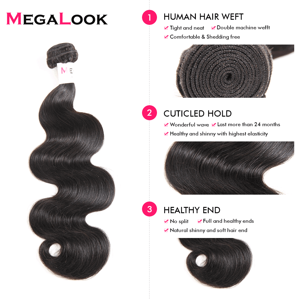 Megalook 10A Grade 3 Bundles Brazilian Body Wave Hair With 13*4 Ear to Ear Lace Frontal Closure