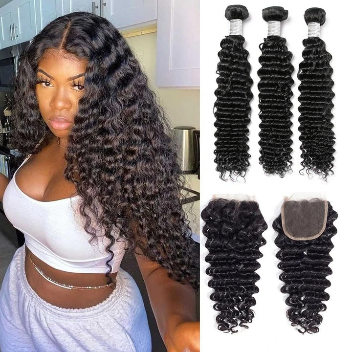 Brazilian Loose Deep Wave /Deep Curly Remy Human Hair 3Bundles Hair With Free Part Transparent Lace Closure