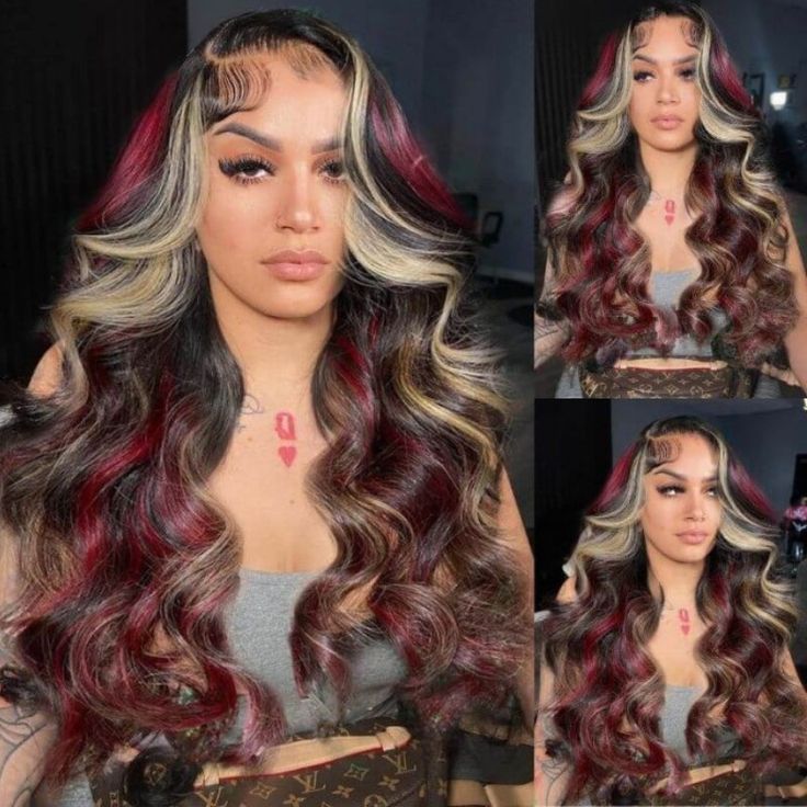 Megalook High Quality New Pop Highlights Wig 210% Density Burgundy Red And Auburn Mixed Highlights Glueless Wig