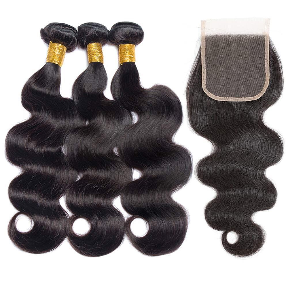 Megalook 3Bundles With Transparent Lace Closure Deal Brazilian Hair Bundles With Closure Remy Human Hair