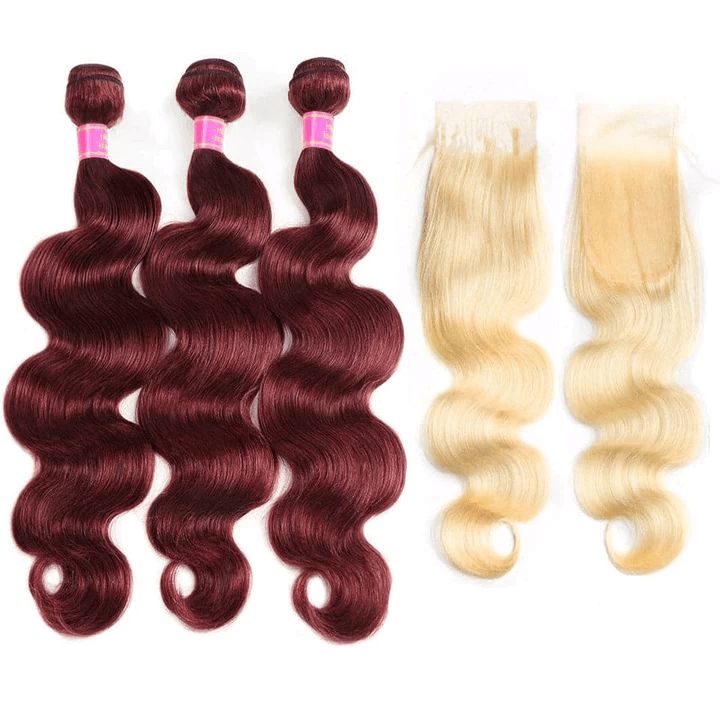 Burgundy Hair Bundles 12A With Honey Blonde 4x4 Transparent Lace Closure Body Wave Human Hair