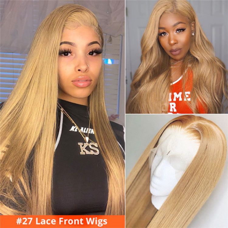 Megalook Straight /Body Wave 5x5 Closure & 13x4 lace frontal wigs #27 colored honey blonde HD lace human hair wigs pre-plucked with baby hair