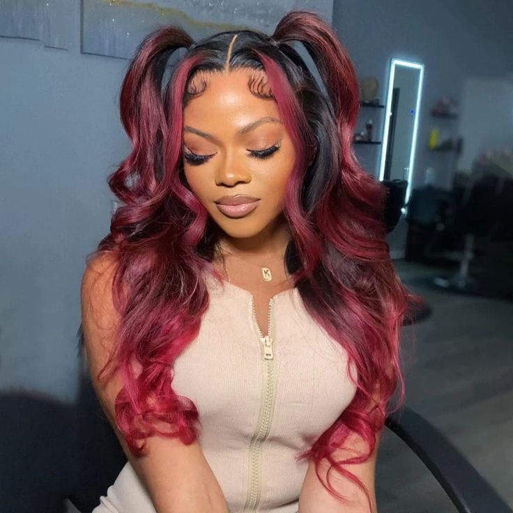 Special offer | 24inch = $145.99 New Dark Burgundy With Rose Red Highlights 13x4 Lace Front Hand Curls Wig