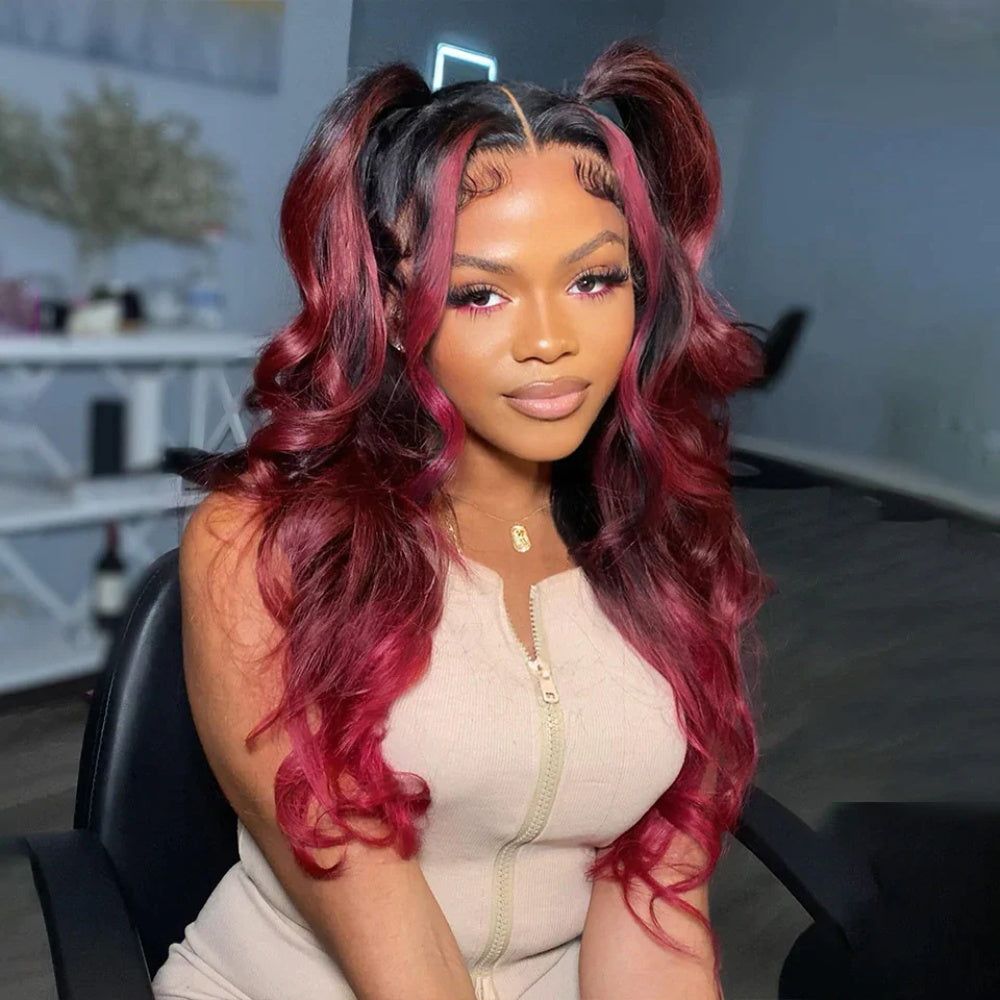 Megalook Bogo Free New Dark Burgundy With Rose Red Highlights 13x4 Lace Front Hand Curls Wig