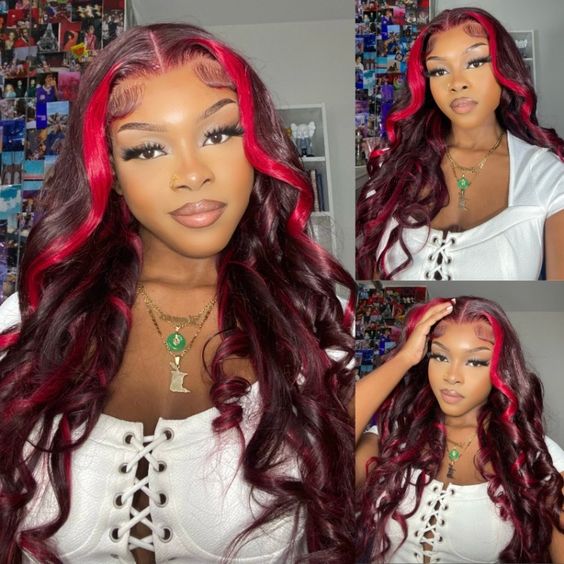 Megalook Bogo Free New Dark Burgundy With Rose Red Highlights 13x4 Lace Front Hand Curls Wig