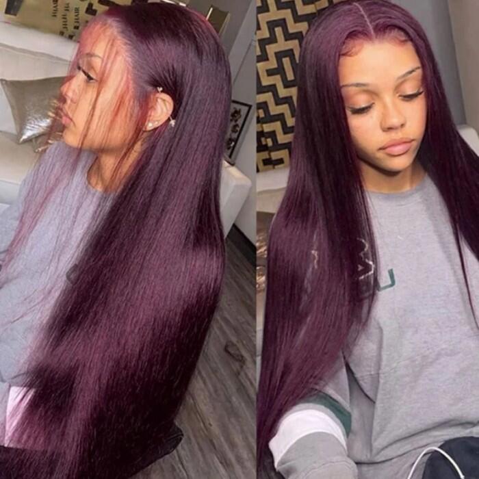 (Super Sale) Dark Purple Plum Colored 13x4 Lace Silky Straight/Body Wave Wig