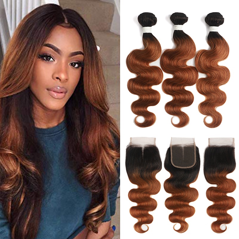 Megalook 3Bundles 1B/30 Ombre Human Hair Weaves With Virgin Human Hair Closure